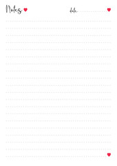 Vector illustration of note pad page with dotted lines and red hearts. Cute sheet for women or girls