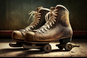 Antique roller skates illustration, 80s and 90s style, retro, background. Generative AI