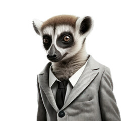 Portrait of a lemur dressed in a formal business suit on white background, transparent png, generative ai