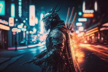 armed samurai in city with blurred fast moving neon with gun created with Generative AI technology