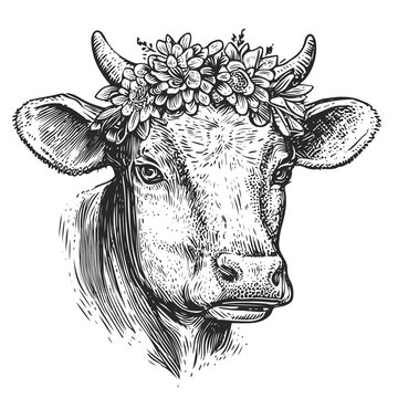 Cow head with floral wreath. Farm animal in sketch style. Generative AI, illustration isolated