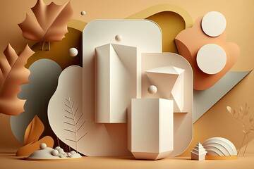Paper illustration, paper, paper, and a product banner on a podium with a background of geometric shapes and natural elements. Generative AI