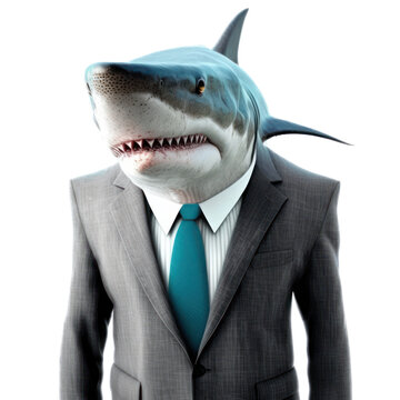 Portrait of a shark dressed in a formal business suit on white background, transparent png, generative ai