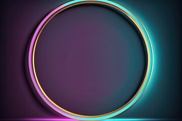 , blue pink neon round frame, circle with a ring shaped empty space uv light filled 80s retro fashion show stage abstract background. Generative AI
