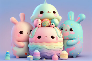 Cute Kawaii Spring Easter Animal Dream Sweat Illustration in Pastel Colors. Generative AI