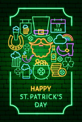 Obraz na płótnie Canvas Saint Patricks Day Neon Label. Vector Illustration of Green 17 March Holiday Glowing Led Electric Light.