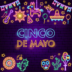 Cinco De Mayo Holiday Neon Background. Vector Illustration of Hispanic Religion Holiday Glowing Led Electric Light. - 575431183