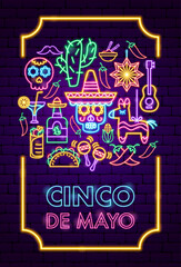 Cinco De Mayo Neon Poster. Vector Illustration of Hispanic Religion Holiday Glowing Led Electric Light.