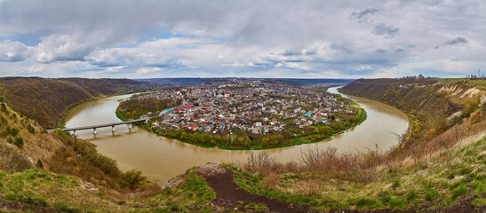 The Dniester River and the city of Zalishchyky, aerial view, a beautiful landscape of the city surrounded by a river, in the form of a horseshoe.