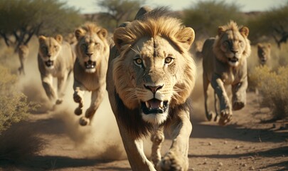 Pride of hungry lions in the sunny savannah of Africa. Generative ai.