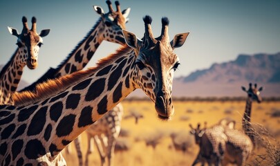 Herd of cute giraffes in the sunny savannah of Africa. Generative ai.