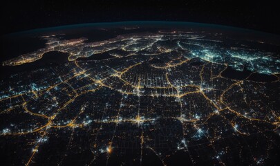 Night city from the sky. Generative ai.