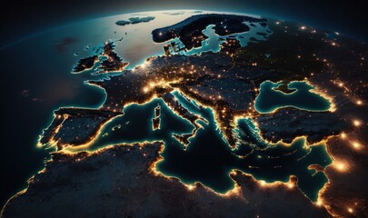 Europe at night from the galaxy. Planet Earth. Map. Generative ai.