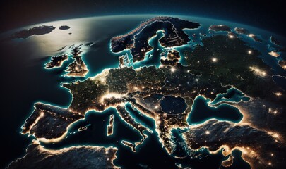 Europe at night from the galaxy. Planet Earth. Map. Generative ai.