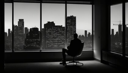 Pensive businessman man in skyscraper office from back. Black and white. Generative ai.