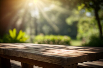 Naklejka premium Empty wooden table in perspective for product display with blurred garden background. Ai generative