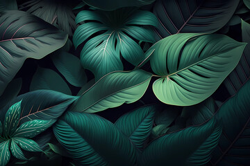 Close-up tropical, dark green leaves background. Lush, fantasy-like vegetation, AI generated botanical illustration. Moody, abstract nature decor pattern
