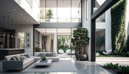 beautiful modern minimalistic interior design with large windows and modern furniture, generative AI