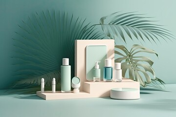Minimal abstract setting for a cosmetics demonstration. Luxurious podium set off by the shade of palm trees cast on a pastel green background and a white table. Exhibit, exhibit case. Banner