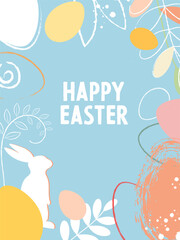 happy Easter greeting card, Easter red eggs, rabbit, bunny ears watercolor style blue pastel shades.