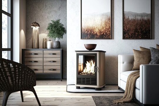 Gas stove in the interior of a modern living room. Generative AI