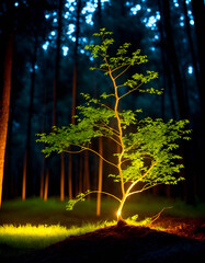 "An Illuminated Tree Sapling Growing in the Middle of a Dark Forest: Symbolizing Growth and Finance (Generative AI, Generative, AI)"