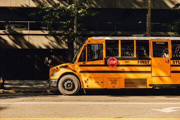 Yellow school bus parked in shady street on sunny summer day