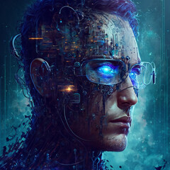 Obraz na płótnie Canvas Artificial intelligence represented as a human, personification of Artificial Intelligence as a man with glasses, imaginary character