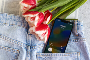 tulips on jeans and spring calling on smartphone.slide to answer incoming call.kid holding bouquet...