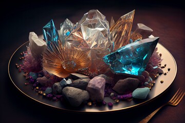 crystals on a plate, magical atmosphere, divination, AI Generated