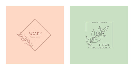 Set of vector feminine floral emblems.Elegant logo designs with linear branches and frame.Modern botanical badges in trendy minimalist style.Branding design templates.Letters with Agape means love
