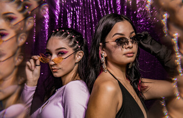 euphoria inspired editorial photo shoot glitter background purple black model caucasian hispanic...