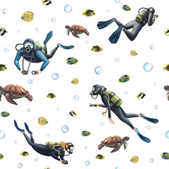 Seamless pattern with divers. Underwater travel. Watercolor hand drawn. The concept of labels, packaging, textiles.