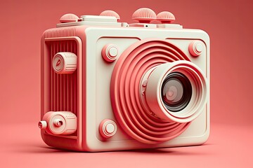 The minimal abstract creative concept of a vintage film camera in a pastel red frame. Area for putting in pictures. Generative AI