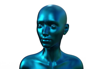 3d illustration. Portrait of a blue bald woman on a white background. 