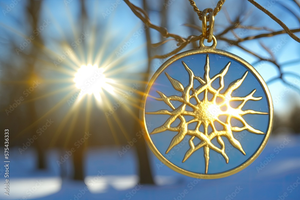 Poster blurred background of a natural sunlight setting, with a golden solar amulet hanging from a branch. 