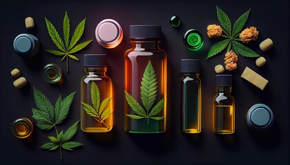 Glass bottles of CBD oil, THC tincture, for medical use. Generative AI.