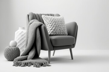 Modern grey armchair with a blanket, photographed separately on white. Generative AI