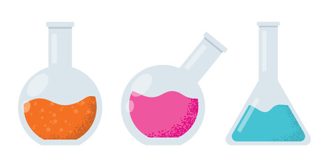 Laboratory equipment. Flat glass tubes, flask, glass and other chemical and medical laboratory measuring equipment. Vector illustration science concept isolated on background