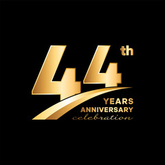 44th Anniversary logo design with golden number and text isolated on black background. Logo Vector Template