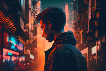 Character on the street at night, Cyberpunk, futuristic, made with Generative AI