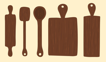 Set of wooden coasters and spoons for the kitchen. Place for text. High quality vector image.