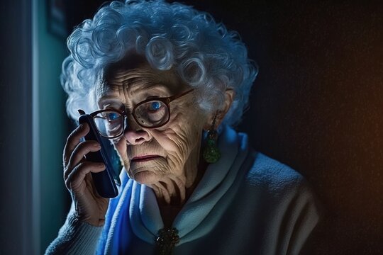 an illustration of an old lady grandma on the phone in dramatic lighting, being victim of a voice phishing scam. Generative Ai