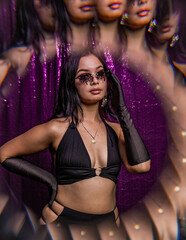 euphoria inspired editorial photo shoot glitter background purple black model caucasian hispanic...