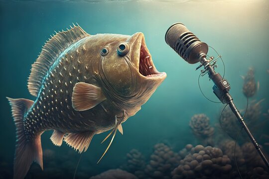 an illustration of an abstract voice phishing scam concept with a fish and a microphone