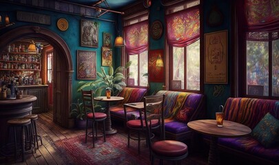 Fototapeta na wymiar a painting of a restaurant with colorful walls and chairs and tables. generative ai