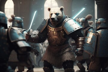 Naklejka premium Roman legion fighting cyberpunk bear army, concept of Cyberpunk and Warfare, created with Generative AI technology