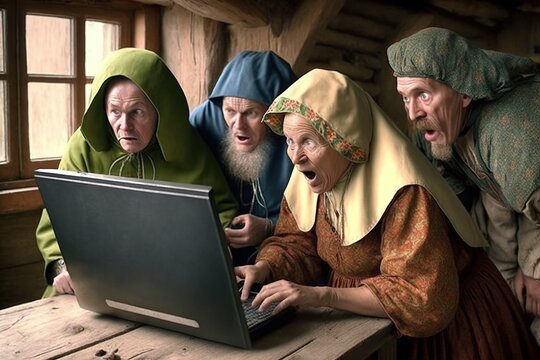 Russian peasants using computer surprised, concept of Unexpected Technology and Digital Literacy, created with Generative AI technology