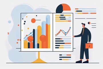 Man analyzing financial graphs, charts, diagrams and other data. Stock trading and investing money concept. Character looking at board with infographics, flat cartoon illustration generative AI