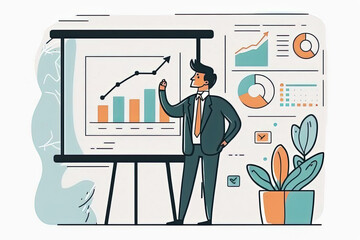 Confident character man shows analytics infographics on whiteboard with graphs and charts. Concept of business data, stock trade and financial market. Flat cartoon illustration generative AI